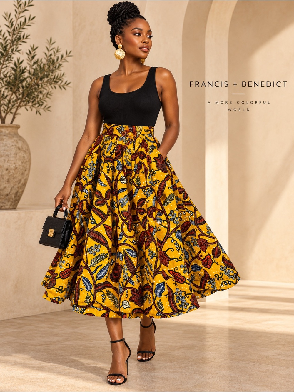 Francis + Benedict XS African Wax Print Cotton Midi Skirt Yellow Floral Togo